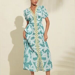 Puff Sleeve V Neck Midi Dress M